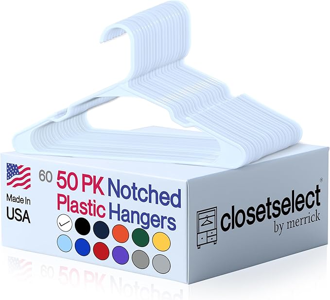 Plastic Hangers 50 Pack, Strong Space Saving Clothes Hanger, Made in USA, Perfect Shirt or Coat Plastic Hanger, with Shoulder Grooves, White, Notched