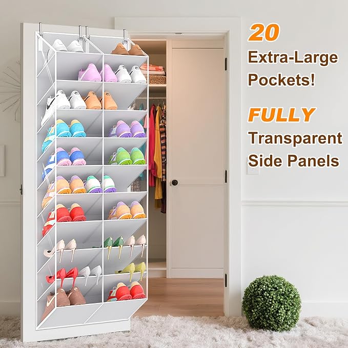 20-30 Pairs Over the Door Shoe Organizer, Clear Pockets Hanging Shoe Storage for Closet, 10-Tier Door Shoes Rack, Handing Shoes Holder Fit All the Family's Sneakers, Boots, Heels, Light Grey