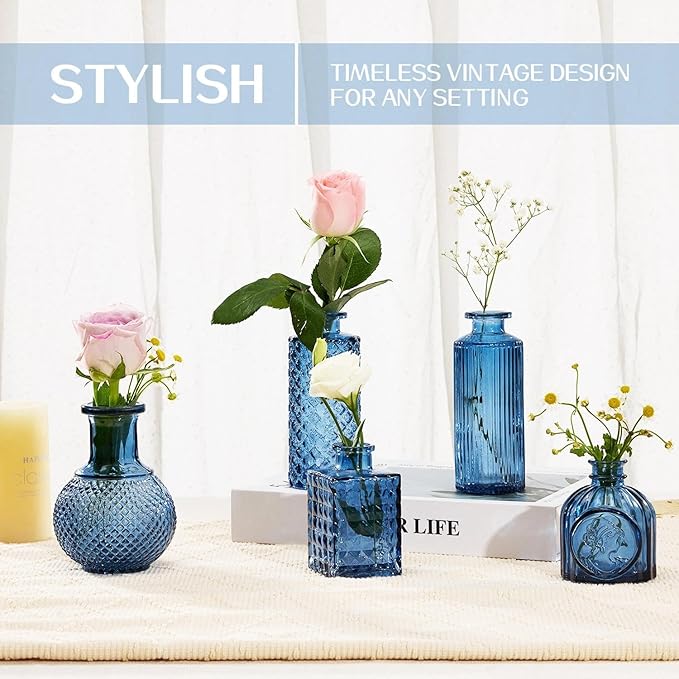 Mini Bud Vases Centerpieces for Tables,Clear Bud Vases for Flowers,Small Flower Vases Suitable for Birthday Party,Anniversary,Wedding Reception,Baby Shower (Blue, 12PCS)