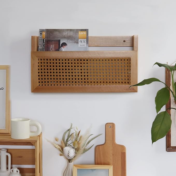 Wall Magazine Rack with PE Rattan Grid,Size 17.3" x 4" x 9.4",File Holder For Entryway,Living Room,Waiting Room,Kids’ room,Office(Retro Brown)