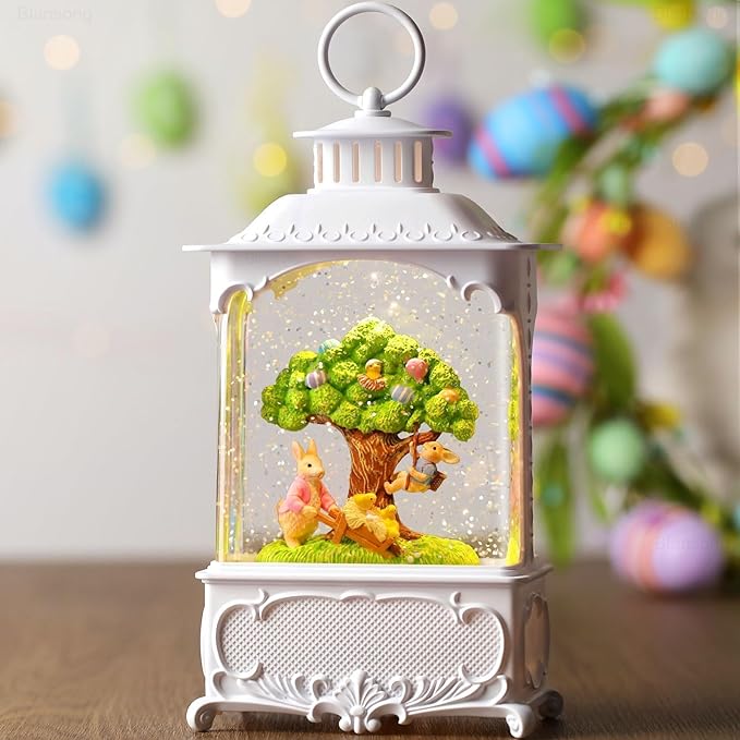 Easter Snow Globe Lantern Bunny Tree with Timer, USB and Battery Powered, Easter Decorations for Home Bunny Eggs Tree Chicken
