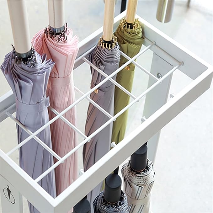 Metal Commercial Umbrella Stand Umbrella Holder, Corridor Entrance Umbrella Drain Rack for Storing 16 Umbrellas, with Mobile Drip Tray and 4 Hooks (Color : White)
