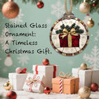 Stained Glass Christmas Decorations, Red Gift with Gold Ribbon Suncatcher for Window Christmas Tree Hanging Ornaments Retro White Sun Catcher Xmas Decor Gifts for Women Men Mom Nana Friend