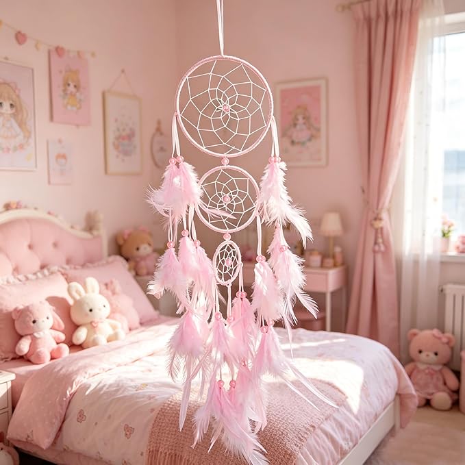 Triple Circles Silk Ribbon Pink Dream Catcher for Girls - Wall Decor for Bedroom, Girl's Room Hanging Decor, Boho Wall Art for Girls Bedroom