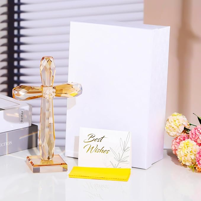 YWHL Champagne Crystal Standing Cross Figurine, Religious Gifts for Women Men, Handmade Glass Holy Easter Cross Collectible Figurines Decoration, Christian Cross for Home Office Decor