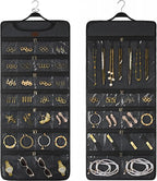 SMRITI Hanging Jewelry Organizer with Dual Zippered Pockets Canvas Double Sided Rotating Hanger Necklace Hanging Wall Organizer Earring Dustproof Holder Wall Mount Accessories Display Bag(Dark Grey)