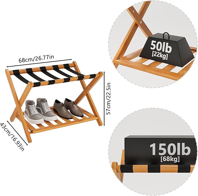 Smuxee Fully Assembled Honey Luggage Racks Pack of 2, Upgraded Bamboo Foldable Suitcase Stand with 5 Nylon Straps, Luggage Holder with Shelf for Guest Room Bedroom Hotel