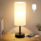Dicoool Beige Touch Lamp for Bedroom with USB - 3 Way Dimmable Table Lamp for Nightstand, Small Lamp with Black Charging Station for Desk Dorm, Office, Nursery