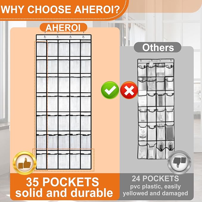 Aheroi 35 Pockets Large Over the Door Organizer, Breathable Mesh Pockets Shoe Organizer, Hanging Shoe Organizers Mesh Closet Shoe Holder Hanger Holds Up to 40 lbs, Space Saving Shoe Rack