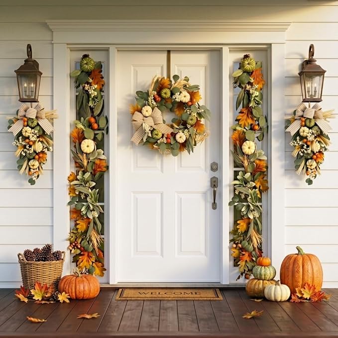 Valery Madelyn 24 inch Fall Pumpkin Teardrop Swag Autumn Harvest Door Hanger with Green & White Mini Pumpkins, Eucalyptus, Raffia, Berries and Striped Bow for Front Door Thanksgiving Table Centerpiece