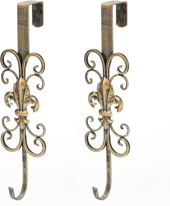 Jemeni 2 Pack 16" Wreath Hanger for Front Door, Metal Over The Door Wreath Hanger, Fleur Dis Lis Wreath Door Hanger, Door Hanger for Wreath with Scroll Design, Antique Gold