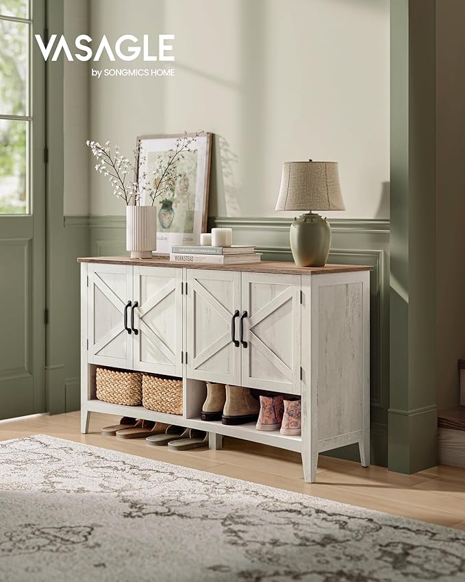 VASAGLE LIRY Collection - Shoe Cabinet, 3-Tier Storage Organizer, Shoe Shelf, Farmhouse Freestanding Cabinet, Height-Adjustable Shelf, 13.8 x 47.2 x 27.6 Inches, Rustic White ULBC039W01