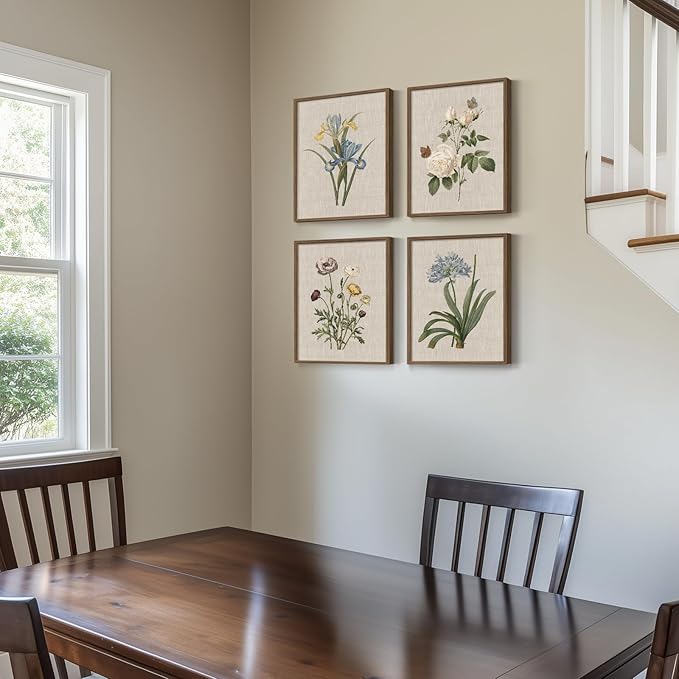 Framed Vintage Botanical Wall Art, 4 Piece Rustic Floral Painting Canvas Prints for Living Room Bedroom Dining Room Kitchen Hallway, Flower Butterfly Pictures for Farmhouse Wall Decor, 12x16 Inch