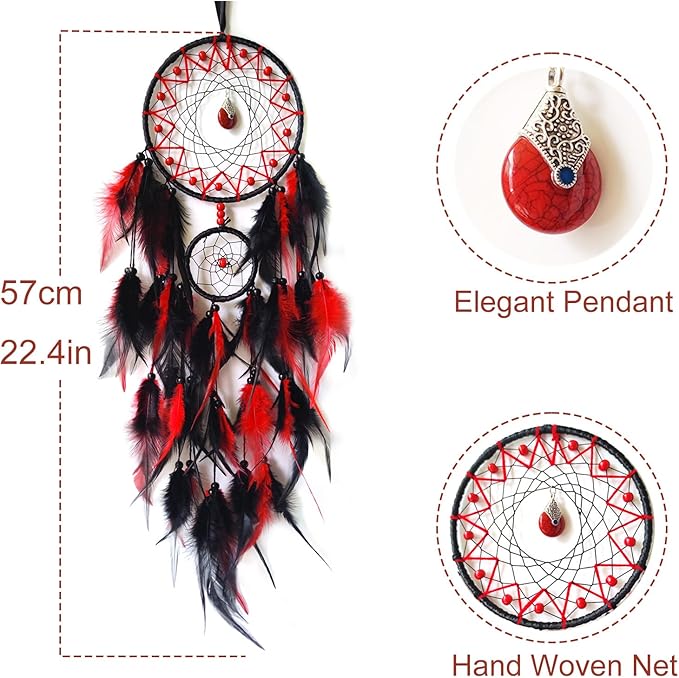 Black and Red Dream Catcher Wall Decor Feather Dream Catchers with Pendant Handmade Dreamcatcher Wall Hanging Ornament for Bedroom Living Room Home Decor