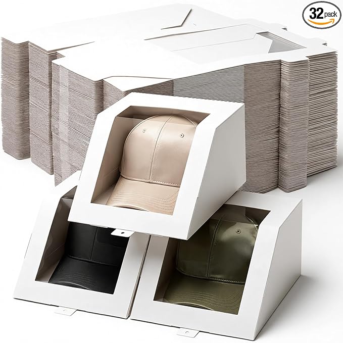 32 Pcs Hat Gift Boxes with Clear Window 8.7 x 7.7 x 4.8 Bulk Foldable Hat Shipping Box for Packing Paper PVC Baseball Cap Display Boxes, Reliable Construction, White Stackable Storage Container