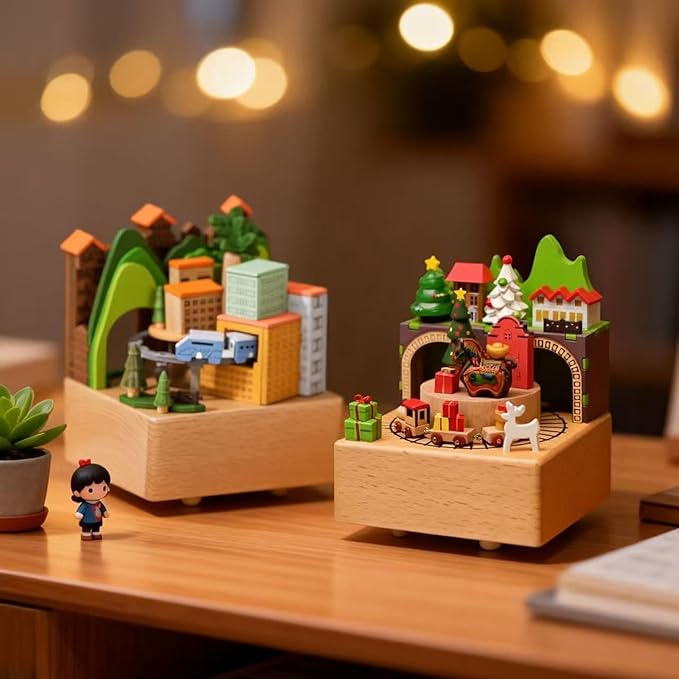 Natural Solid Wood Handcrafted Beech Wooden, Musical FigureTotoro/Carousel/Fairy/Ballerina Figurine,Rotating Hand Crank Mechanism Music Box,Musical Decorations (Christmas and Pony)