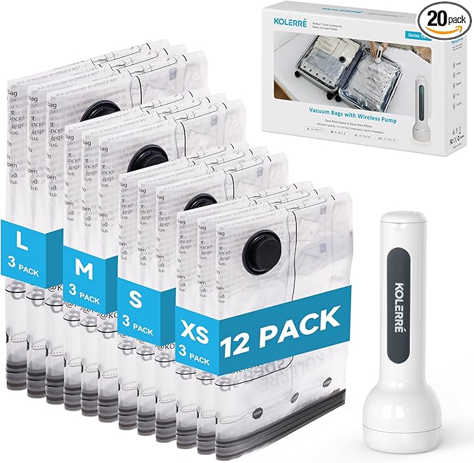 12 Pack Travel Vacuum Bags with Cordless Electric Pump, 4 Sizes Space Saver Vacuum Storage Bags for Luggage and Suitcase,Compression Bags for Packing, Vacuum Seal Bags for Clothing Travel
