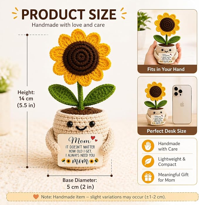 Velyra Crochet Sunflower Pot for Mom, Handmade Knitted Flower with Message Card, Cute Desk Decor, Mother’s Day Birthday Present for Grandma, Women Keepsake
