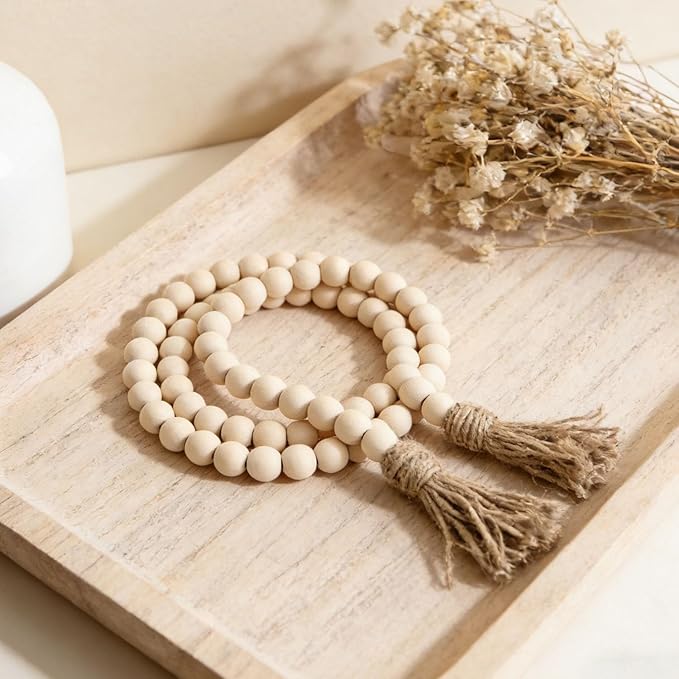 Farmhouse Decor, 59in Wooden Beads Garland with Tassels, Rustic Farmhouse Prayer Boho Beads for Coffee Table Wall Country Decor