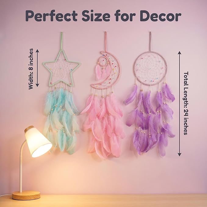 3PCS/LOT Star Moon Sun Shape Dream Catcher Home Decoration, and Baby Kids Room Accessory - Dream Catcher with Feather Decoration - Unique Home Craft Wall Pendant (Mix Color)