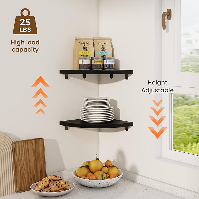 Fun Memories Corner Shelf Wall Mount Set of 2 - Solid Oak Wood Floating Corner Shelf with Cable Hole, 8.5in Rustic Design for Bedroom, Living Room, Kitchen (Black)