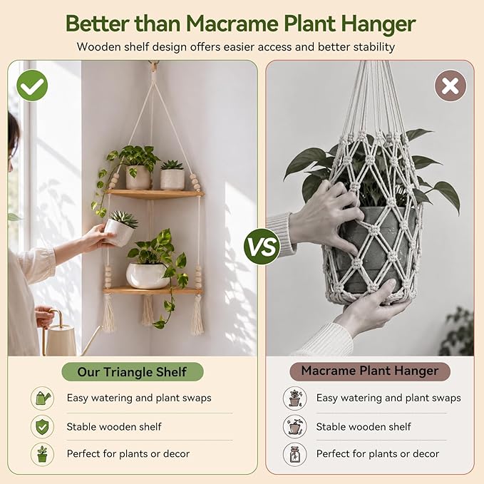 Artilady Macrame Wall Hanging Corner Shelf 2-Tier, Adjustable Boho Stable Shelves Display for Indoor Plants Candle Holder, Rustic Bedroom Living Room Home Decor (Beige 2-Tier)