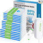 Mapambo 15 Pack Vacuum Storage Bags with -60000Pa USB Pump, Vacuum Seal Bags for Clothing Travel, Space Saver Vacuum Seal Bags for Clothing, Save 80% of Space for Clothes (15 Combo Size)