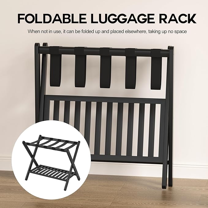 Luggage Racks Suitcase Stand Foldable With Storage Shelf For Guest Room Hotel Essentials Solid Bamboo Heavy-Duty Item Holder Black