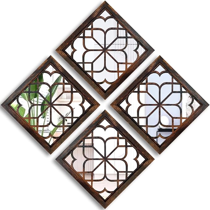 Wocred Set of 4 Mirrors Square Wall Mirror,Gorgeous Rustic Farmhouse Accent Mirror,Caramel Color Entry Mirror for Bathroom Renovation,Bedrooms,Living Rooms and More (12”x12”4pcs)