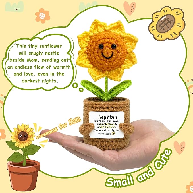 Gifts for Mom Mothers Day Birthday Gifts- Positive Crochet Sunflower, Funny Cute Small Sunflower Gift for Mom Bonus Mother in Law from Daughter Son Positive Emotional Support Pickle Gift