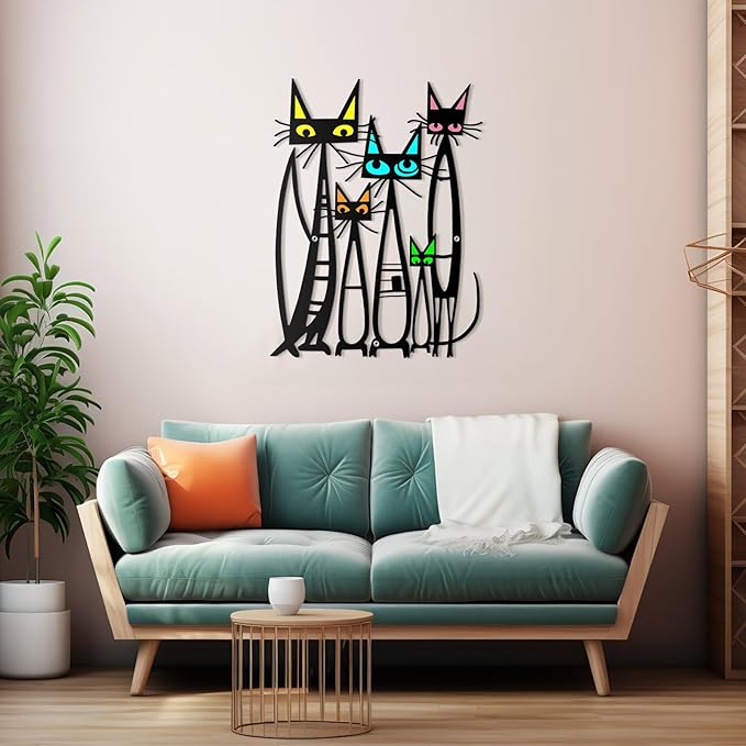 Wesiti Cat Wall Art Decor Iron Wall Sculptures Decor for Cats Lover 10.6 x 15.7 Inches Colorful Mid Century Cat Retro Signs for Home Living Room Bedroom Kitchen Office(Fashion)