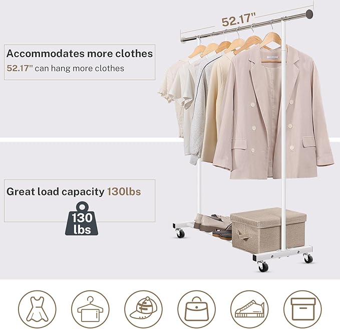Clothes Rack, 130LB Capacity Heavy Duty Clothing Rack with Wheels and Bottom Shelf, 52.17 Inch Rolling Racks for Hanging Clothes, Coats, Shirts, Sweaters, Skirts, Dress, White