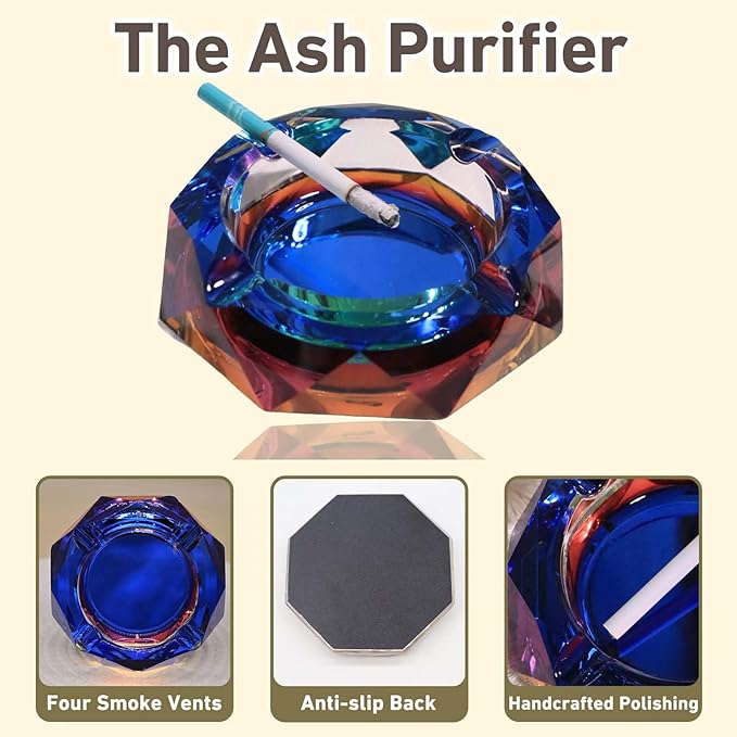 Coomin Crystal Glass Ashtray, Sparkly Cigar Cigarettes Ash Tray, Ashtrays for Smokers Indoor Office Home Desktop Tabletop, Unique Luxury Gifts for Men, Blue