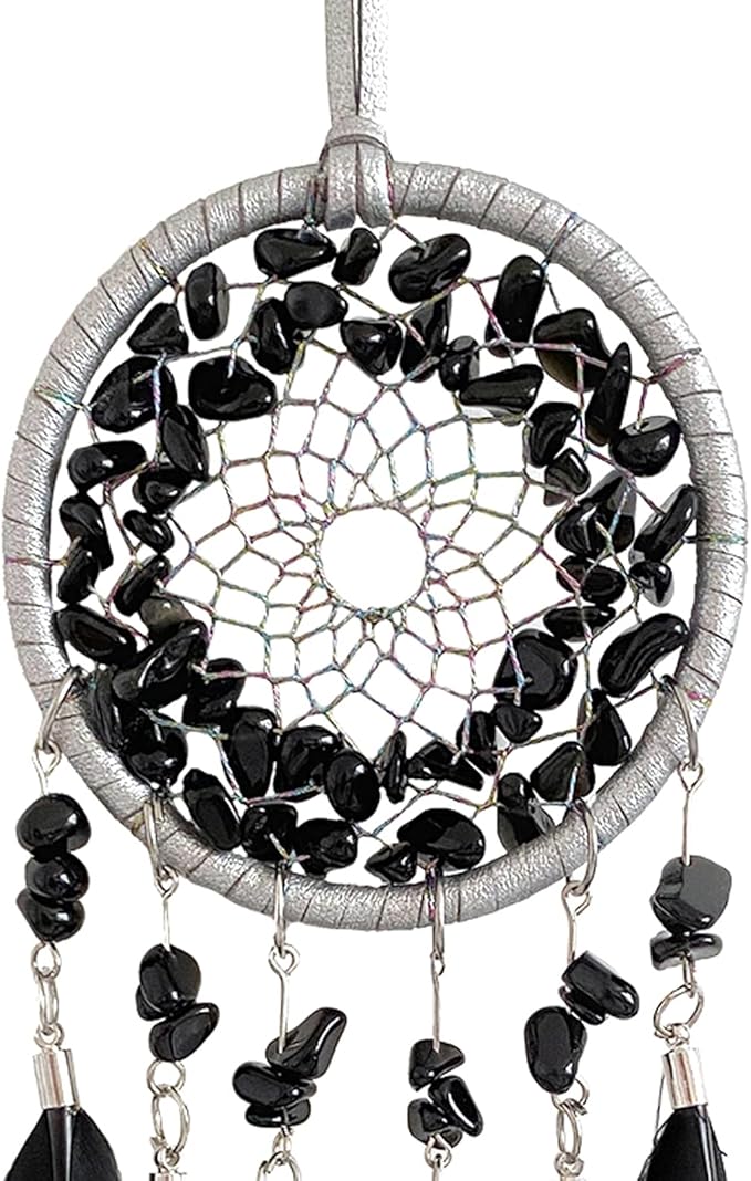 Car Rear View Mirrior Hanging Accessories Black Dream Catcher Small, Crystals Stones Feather Pendant Interior Rearview Mirror Decoration