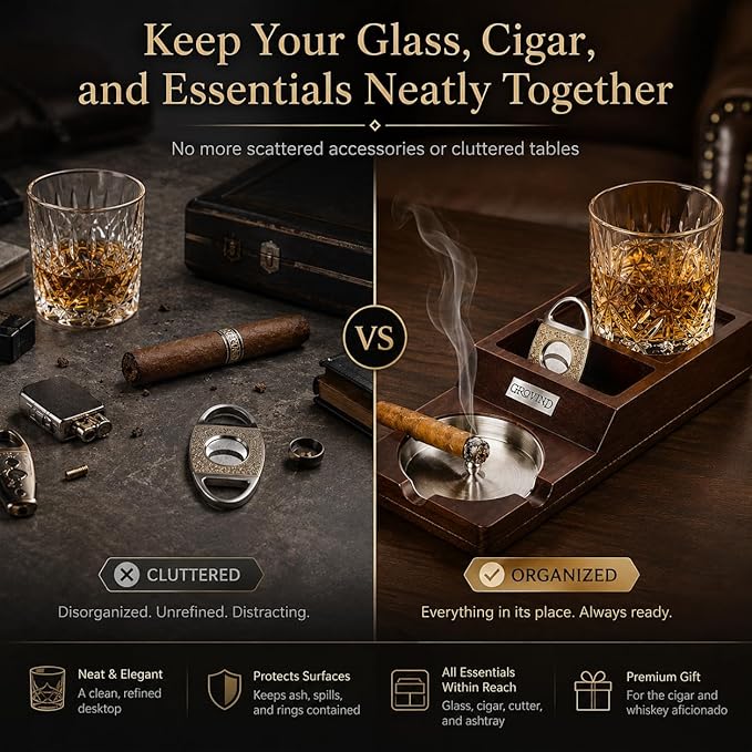 Cigar Ashtray,Wooden Ashtrays with Whiskey Glass Tray -Cigarette Holder,Cigar Accessories Set,cigar Gifts for Men Father's Day,Outdoor Ashtrays for Patio,Ash Trays Indoor Home Decor