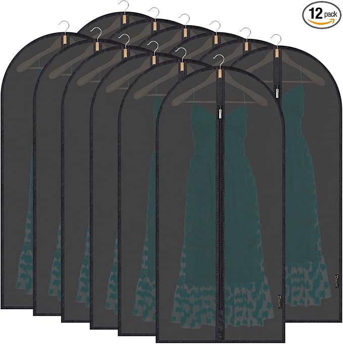 BALEINE 48'' Translucent Garment Bags, 12 Packs PEVA Dress Bag for Closet Clothes Dresses Suit Coats Storage (Black, 12PK)