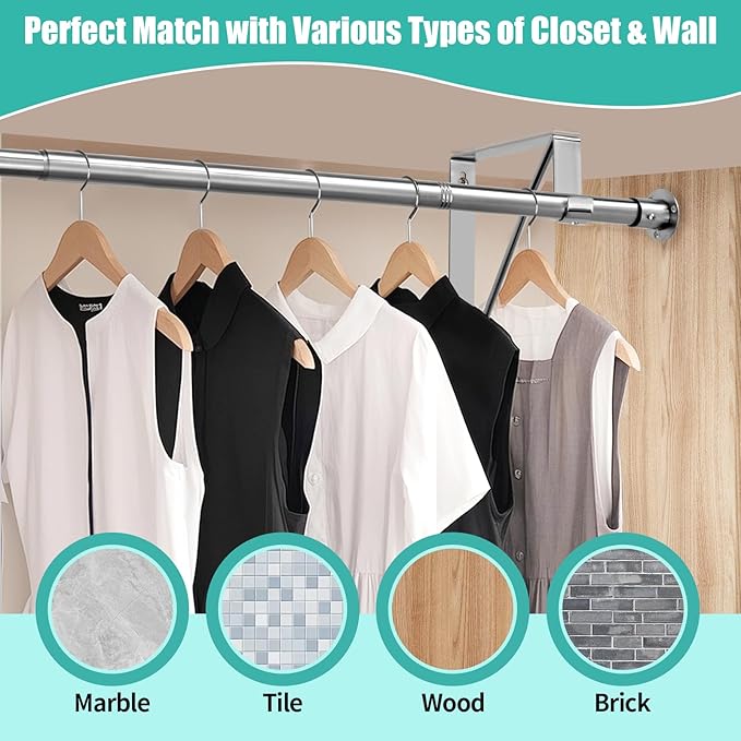 Closet Rod, 16 to 51 Inch Closet Rods Heavy Duty Adjustable Wardrobe Poles for Hanging Clothes and Heavy Duty Bracket Closet Pole Support (The Shelf NOT Included)(Silver)