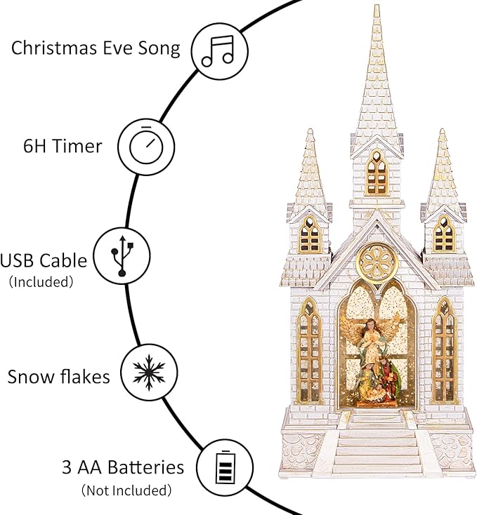 Church Snow Globe Lighted,Christmas Snow Lantern,Angel Holy Family Nativity Christmas Eve Glitter Snow Globe with Musical,Christian Decorations Indoor,Two Power Modes of Church Snow Globes