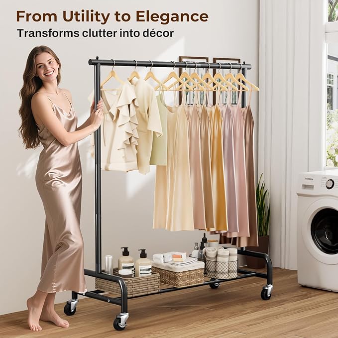 MISSLO Heavy Duty Clothes Rack for Hanging Clothes Rolling Clothing Rack Heavy Duty on Wheels for Coat, Garment, Matte Black (Single Rod)