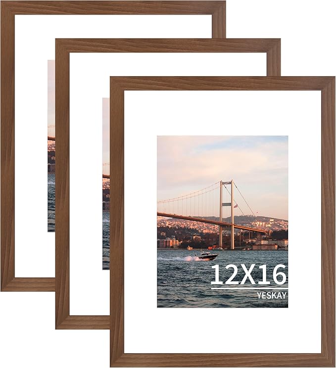 12x16 Picture Frame 3 Pack - Brown Poster Frame Display Pictures 8.5x11 with Mat or 12 x 16 Without Mat for Wall Hanging Horizontal and Vertical