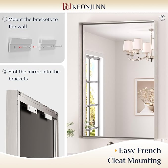Keonjinn 48 x 24 in Brushed Nickel Bathroom Mirrors for Over Sink, Bathroom Vanity Mirror for Wall, Metal Frame Rectangle Mirror, Square Corner Brushed Silver Mirrors Full Length(Horizontal/Vertical)