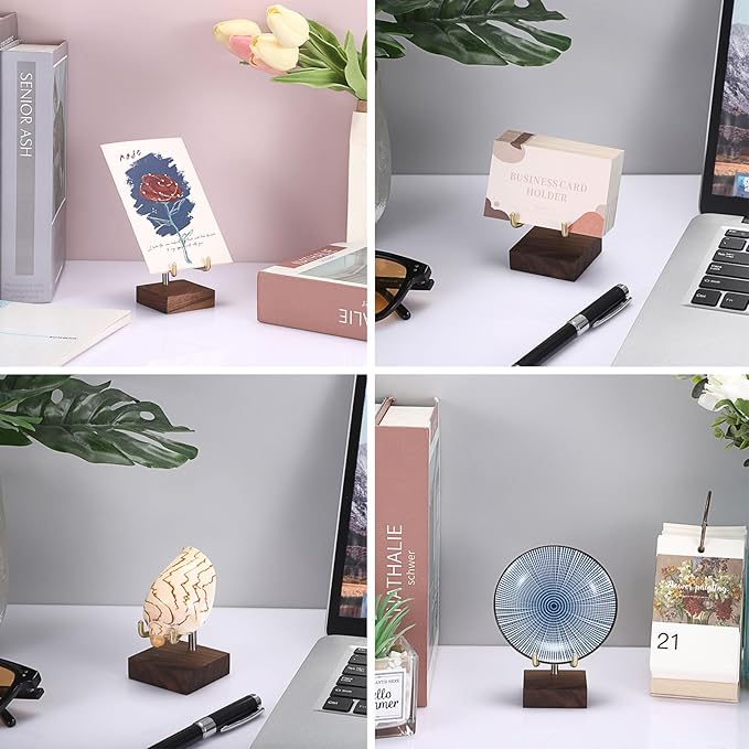 Hipiwe Adjustable Metal Arms Display Stand Easel with Wooden Base - Small Display Easel Holder for Displaying Fossil Coral Geodes Rock Mineral Agate Plate Seashell and Photos, 2"x2"x3.2"