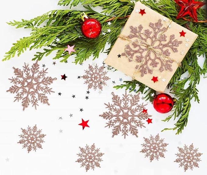 36pcs Christmas Rose Gold Snowflake Ornaments Plastic Glitter Snow Flakes Ornaments for Winter Christmas Tree Decorations Size Varies Craft Snowflakes