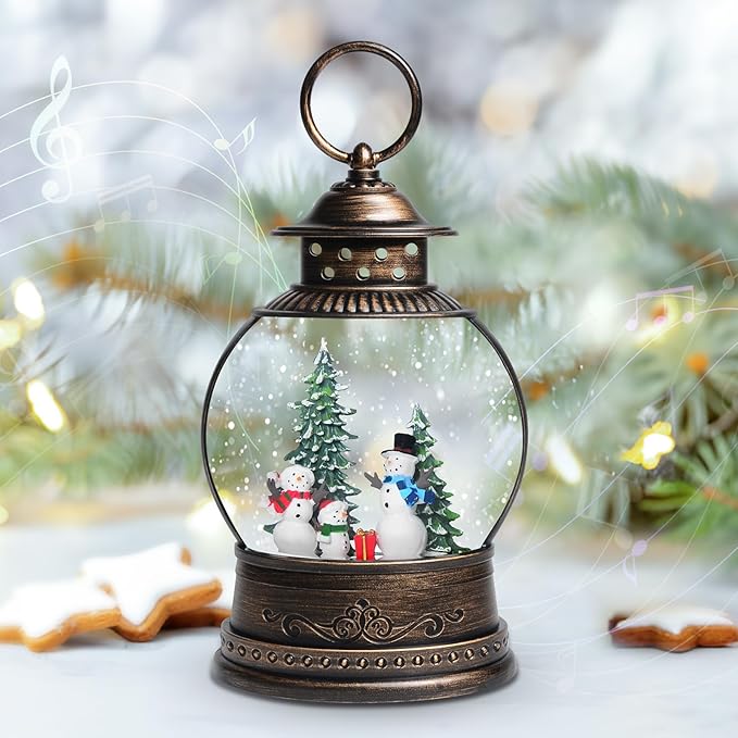 Snow Globes, Snowman Family,Glitter Water Christmas Lantern with 8 Songs, 6H Timer Battery & USB Powered Music Box,Gifts for Men and Kids, Indoor Christmas Decorations
