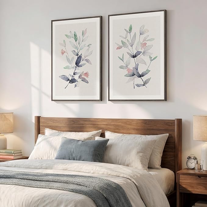 Large Framed Botanical Wall Art Set of 2, Modern Minimalist Floral Canvas Wall Art Neutral Watercolor Prints, Contemporary Pastel Neutral Leaf Wall Decor for Living Room Bedroom Hallway, 24x36 Inch