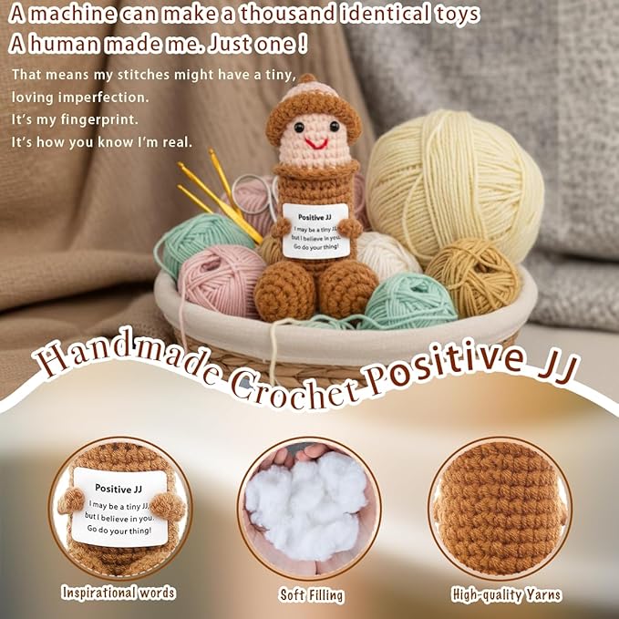 Funny Positive Crochet Animals Gag Doll Emotional Support Stuffed plushies for Adult Men Women,Weird Things Motivational White Elephant Christmas Gift(Brown JJ with Hat)