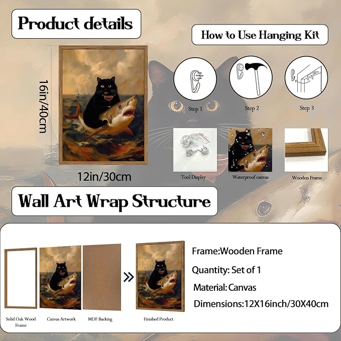 Funny Black Cat Wall Art Whimsical Cat Riding a Shark Wall Decor Picture Unique Animal Ocean Poster Canvas Painting Prints for Bedroom Living Room 12x16 inch Framed