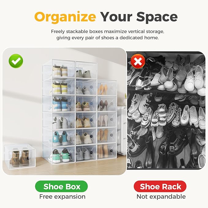 NEWBULIG 36 Clear Shoe Storage Boxes, Shoe Organizer for Closet with Lid, Plastic Stackable Breathable Shoe Cabinet with Lid for Sneakers, Heels & Boots, White