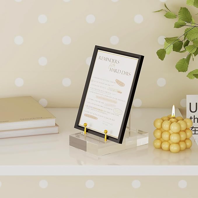 SVENJBB Acrylic Easel Display Stand with Adjustable Gold-Toned Pegs – Crystal Clear Acrylic with Floating Appearance, Ideal for Photos, Cookbooks, Invitations, and Plates, 1Pack
