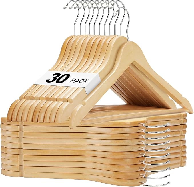 HOUSE DAY Wooden Hangers 30 Pack, Solid Wood Clothes Hangers with Non Slip Pant Bar, Heavy Duty Wooden Coat Hanger for Closet, Smooth Finish Wood Hangers for Shirts, Suits Jackets, Dress, Natural